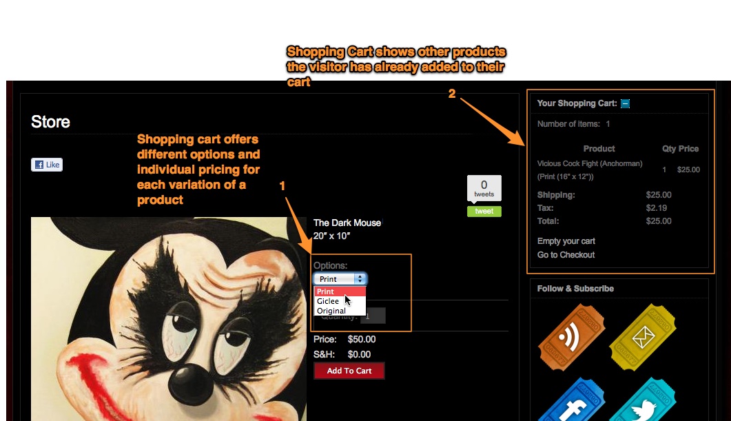 Products available with different options and shopping cart