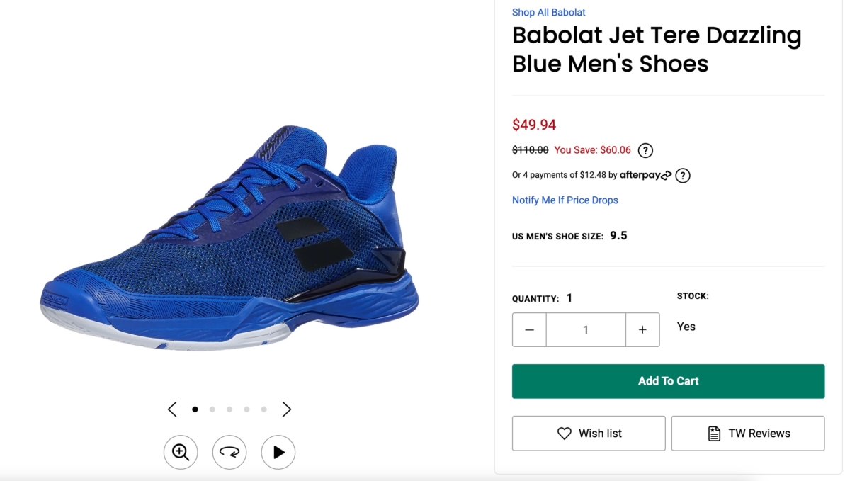 Screenshot showing the clearance pricing strategy and actual price. It shows a blue tennis shoe as the item to buy.