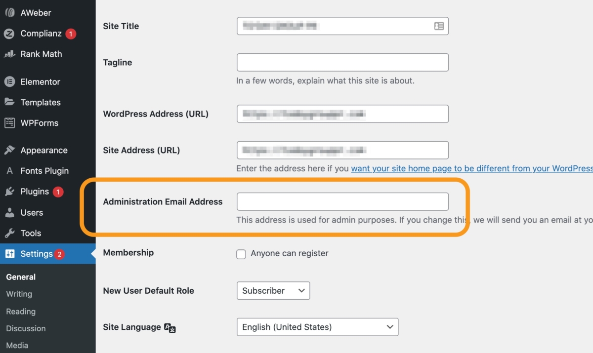 Screenshot of the setting for the Administration Email Address option in the WordPress dashboard.