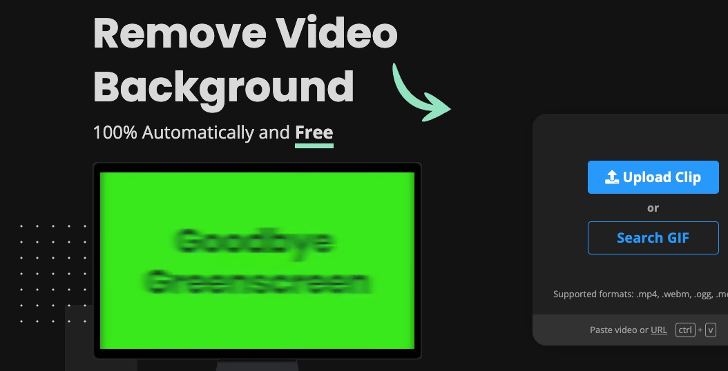 Screenshot of the video background remover tool Unscreen. It shows part of the interface on their website.